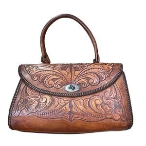 Vtg Hand Made & Tooled Flowers Swirls Brown Leather Purse Rectangular Strap Rau